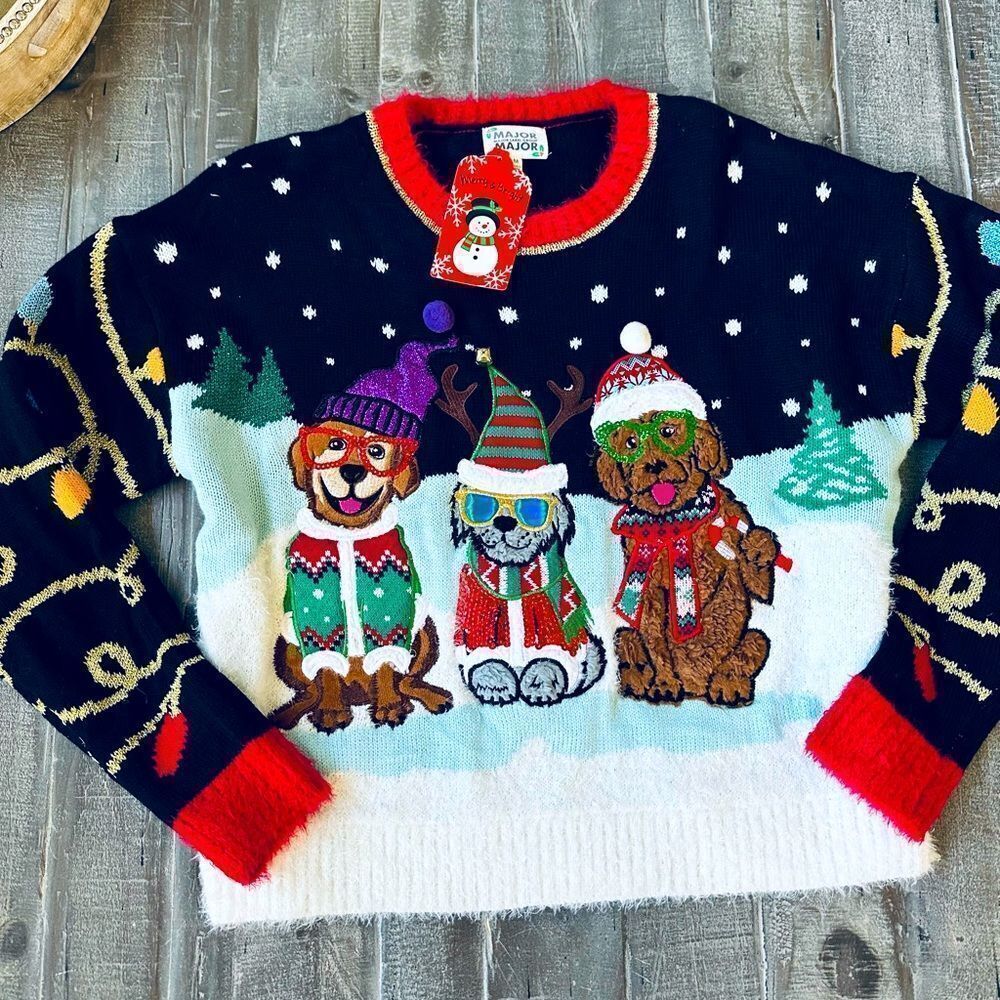 Holiday Dogs Embroidered Ugly Christmas Sweater M